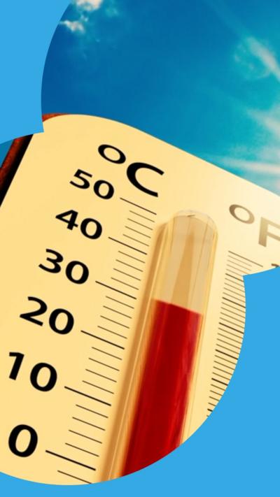 A thermometer reaching 30 degrees Celsius, against a blue sky.