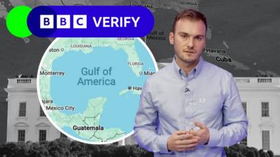 A greyscale background showing the White House and a map of the Gulf of Mexico, and the foreground showing Google Maps renamed as the Gulf of America alongside the reporter Jake Horton. A BBC Verify logo is located on the top left-hand side.