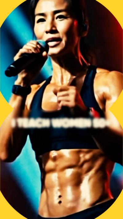 AI-generated image of a toned woman wearing a sports top and holding a microphone