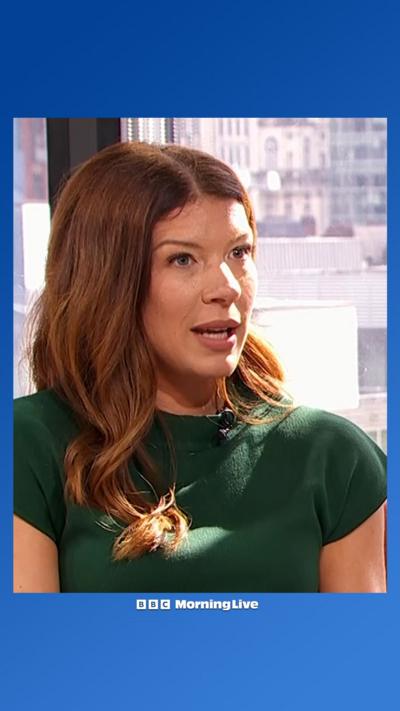 Laura Pomfret in the Morning Live studio with a dark green top on