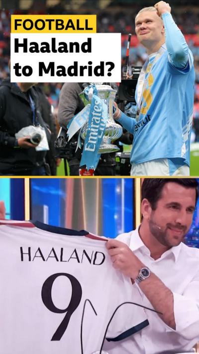 Haaland celebrate fa cup trophy, split screen with real madrid presidential candidate holding up a madrid shirt with number nine and 'haaland' on the back