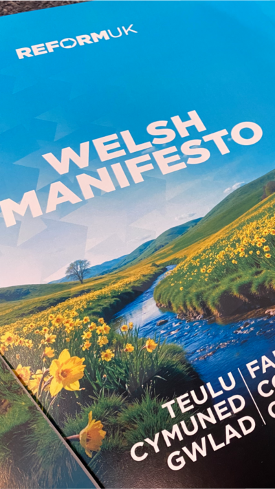 The Reform UK Welsh manifesto which has a river going through a field of daffodils