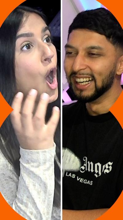 BBC Asian Network presenters Gura and SMASHBengali in a split screen image. Gura is on the left looking shocked with SmashBENGALI on the right smiling and laughing. Both are in a radio studio speaking into BBC Asian Network branded microphones