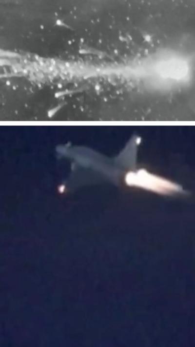 An explosion and a F-35 jet composite image