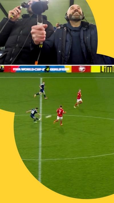 Composite image of two commentators, and players in blue and red on the pitch