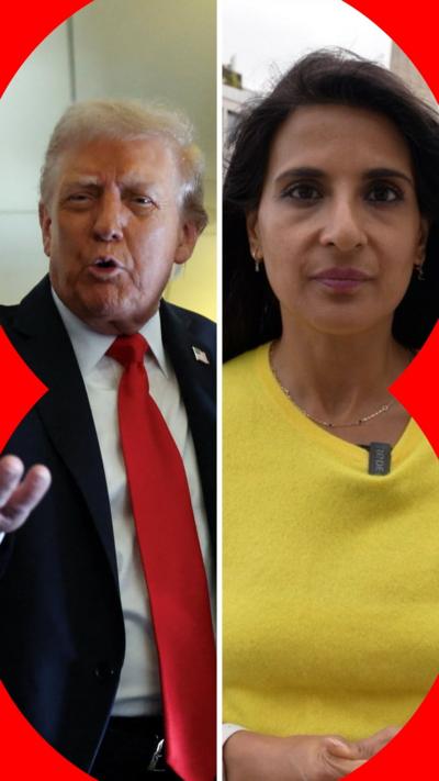 Composite image of Donald Trump speaking on Air One Force and BBC correspondent Nomia Iqbal looking at the camera 