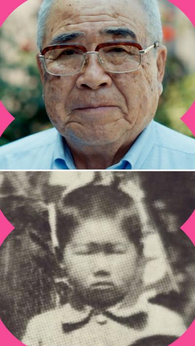 Top: Hiroshima survivor Kenji Nakahara wearing a blue shirt and glasses. Below: A black and white image of him as a child.