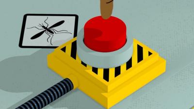 Illustration of a big red button next to an image of a mosquito and a finger poised to push it 