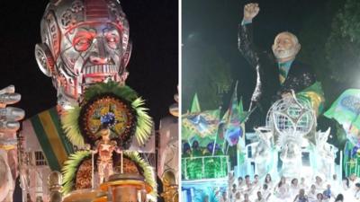 Split screen showing robot figure of Lula da Silva of the left, and giant realistic statue of Lula on the right during Carnival parade