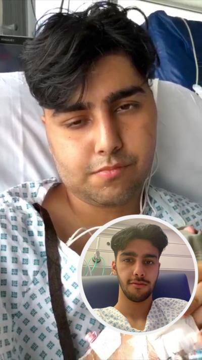 A man lying in a hospital bed after brain surgery. An inset photo shows him later on in his treatment