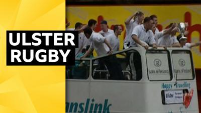 The Ulster Rugby team on open top bus tour around Belfast.