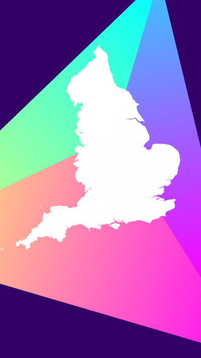 A map of England over a purple background with a colourful pyramid.