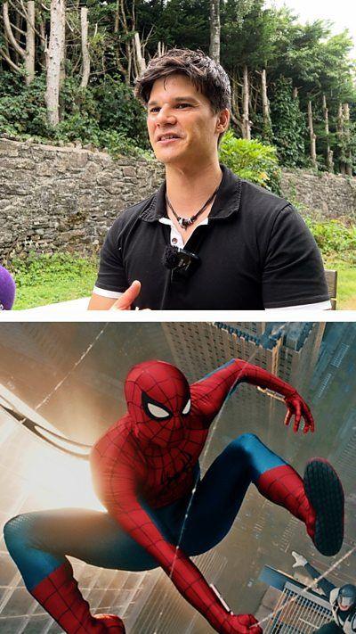 Split image, with the top image being a man with black hair and a black t-shirt with trees in the background. In the bottom image is Spider-Man, an action hero in a red and blue suit covered in webbing. He is flying through the streets of New York city, hanging onto webbing