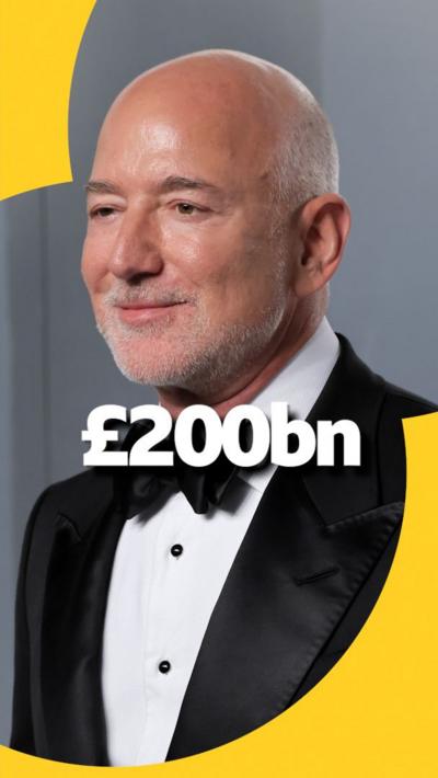 Jeff Bezos at a red carpet with a '£200bn' text graphic