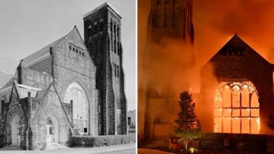 Split screen image shows an archival image of the Clayborn Temple in black and white and the temple on fire on the right-hand side.