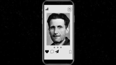 Black and white image of George Orwell on a mobile phone screen