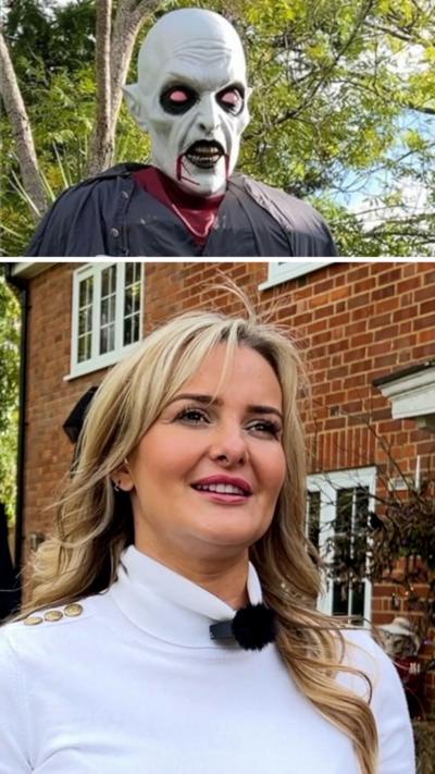 Composite of a 'Night Walker' mannequin and a blonde woman speaking to camera outside a house