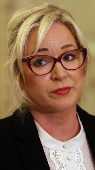 First Minister Michelle O'Neill speaking to the media at Parliament buildings at Stormont in Belfast