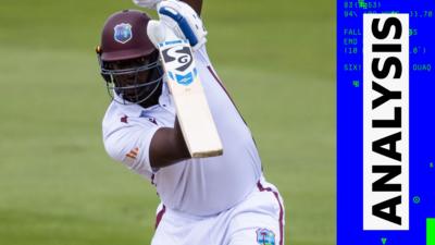 West Indies' Jason Holder plays a shot against England