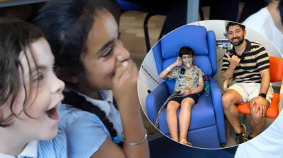 Children reacting with shock and a screengrab cut out of Ejran sat with Ricky. 
