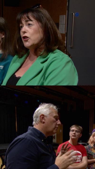 Composite image of 
Michelle Gildernew and Ian Paisley Jnr in conversation with people. She is wearing a green jacket, and has dark shoulder-length hair and sunglasses on top. He has grey hair and is wearing a navy shirt.
