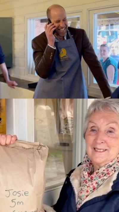 A composite image. The top image is a picture of Prince William, wearing a suit and apron. He is holding the phone up to his ear and smiling. The below image is a woman holding a brown paper bag. 