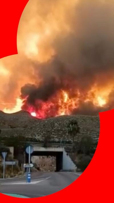 Wildfire with towering flames and dark smoke near a road