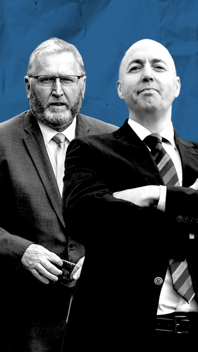 Black and white images of Doug Beattie and Jon Burrows in front of a blue background.