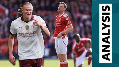 Erling Haaland celebrates while Chris Wood looks dejected after their Premier League match