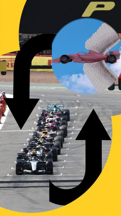 F1 cars on grid and f1 car in sky