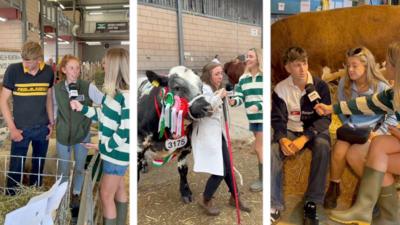 Three-way split image with young farmers speaking to BBC presenter