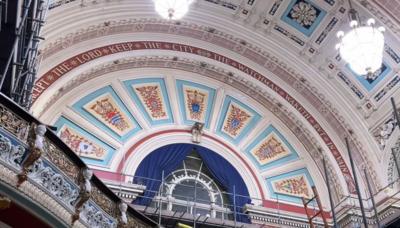 Interior image of Leeds Town Hall, with scaffolding in shot. 