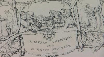 An illustration from the card, featuring poor people being fed over the message "A Merry Christmas and a happy new year to you"