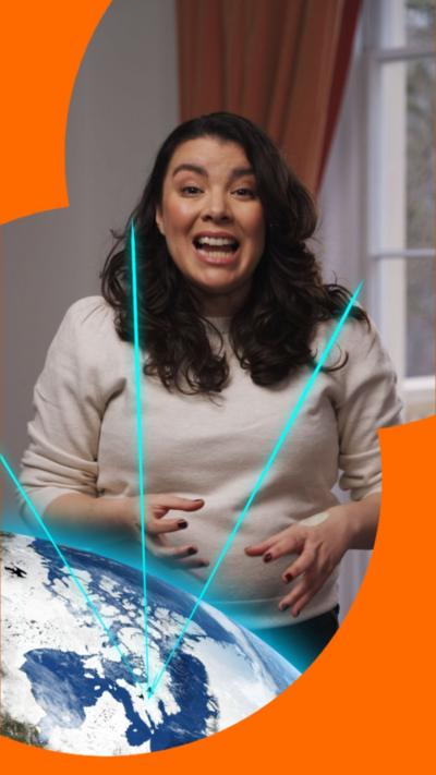 Presenter Cecilia Reed with a graphic of the Earth