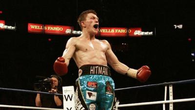 Ricky Hatton in boxing ring shouting with hands out either side