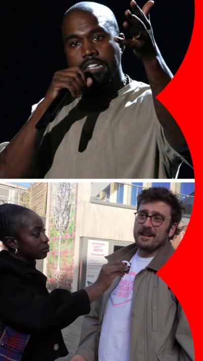 Split image of Kanye West (top) and man being interviewed (bottom)