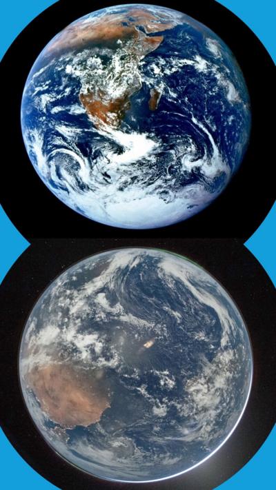 Split screen showing 1972 blue marble image of the Earth from space with a recent 2026 image taken by Artemis II astronauts