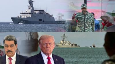 Images of boats at sea and also President Trump and President Maduro 