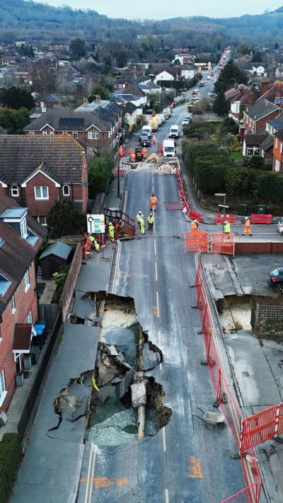A sinkhole in a road in Godstone