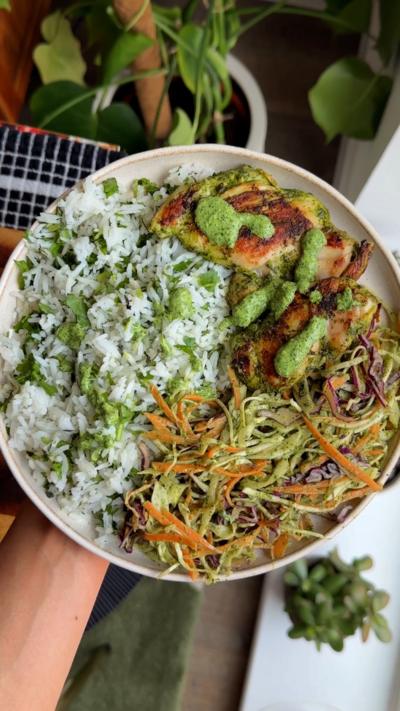 A hand holding a white plate filled with browned chicken, fresh slaw and herby rice, with plants in the background