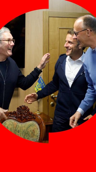 Starmer, Macron and Merz smile as they greet each other 