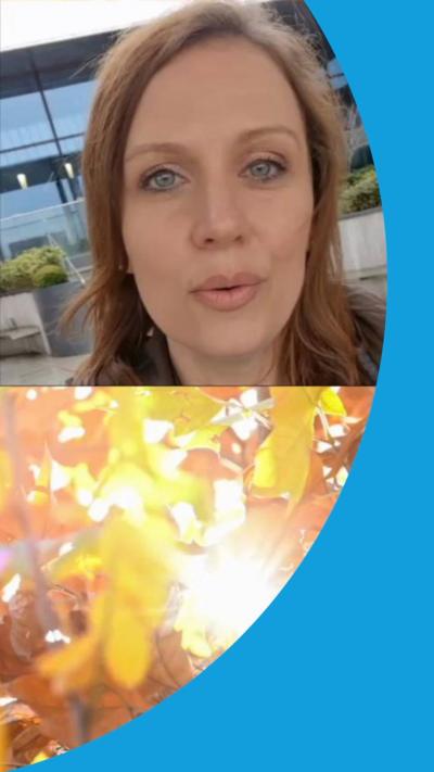 A split screen with a woman at the bottom who has brown hair and is looking at the camera and at the top, Autumn leaves with the sun shining through.