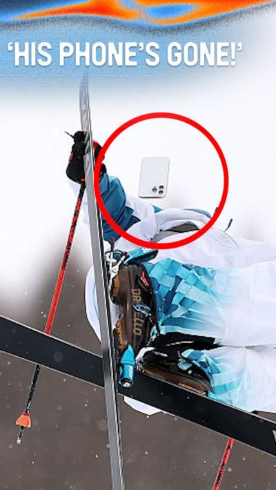 Seunghun Lee's phone flies out of his pocket mid air in the freeski halfpipe