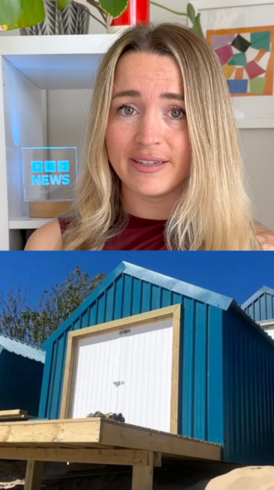 A composite image of a women with blonde hair at the top and a blue beach hut at the bottom