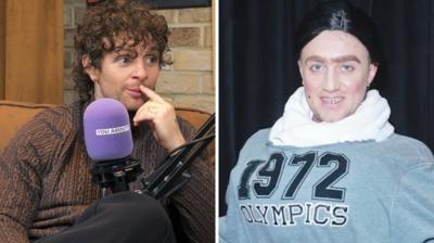 Tom Grennan with a podcast mic and a smirking look next to Roman Kemp dressed up as Miss Trunchbull for a Halloween party