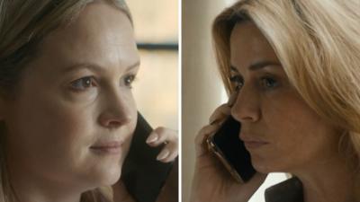 Composite image of characters Eleri and Fran, on the phone to each other looking tense