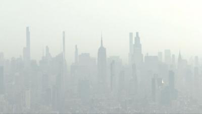A hazy New York City skyline 