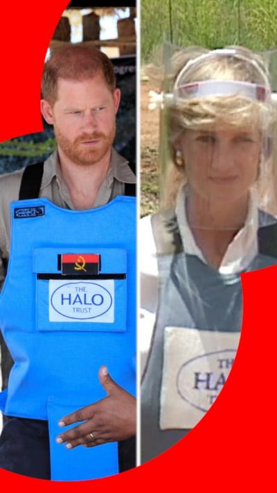 Splitscreen: Harry in 2025 and Diana in 1997 in Angola wearing Halo vests.