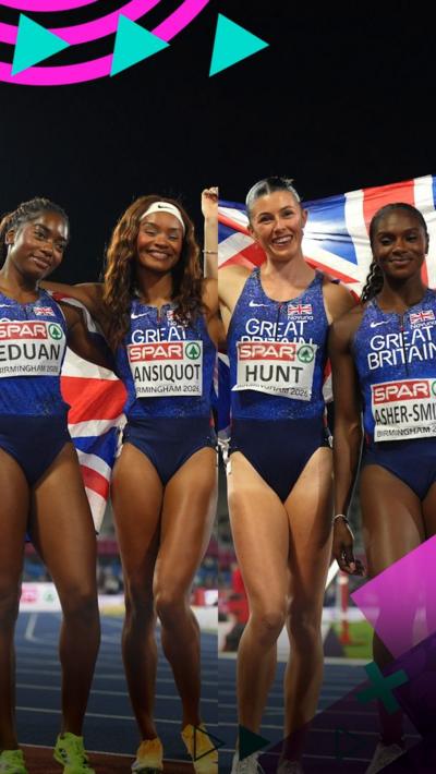Success Eduan, Imani Lansiquot, Amy Hunt and Dina Asher-Smith pose with two Union Flags to celebrate winning gold