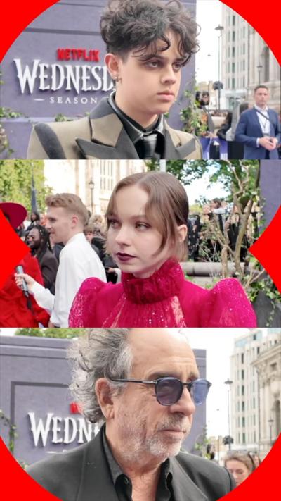 Composite image of Isaac Ordonez, Emma Myers and Tim Burton speaking on the Wednesday premiere red carpet 